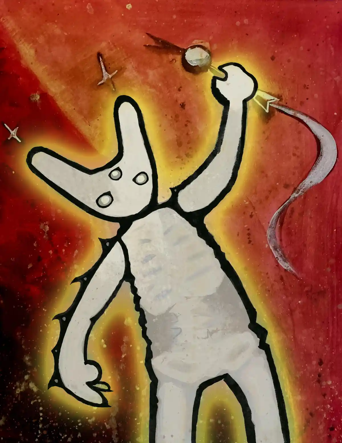 A stylized white cartoon creature with a long snout, four eyes, and spiky limbs stands against a fiery red and orange…