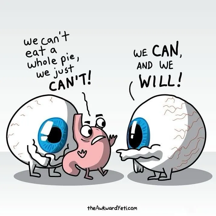 Two cartoon eyeballs with arms and legs stand facing each other, one holding a pink cartoon stomach. The left eyeball says…