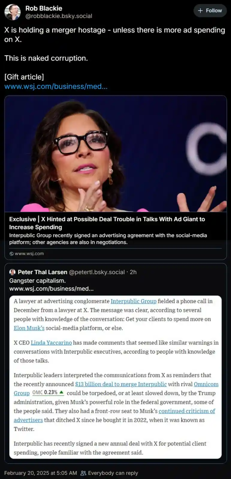 A screenshot of a social media thread shows a WSJ article about X (formerly Twitter) pressuring advertisers to spend more to…