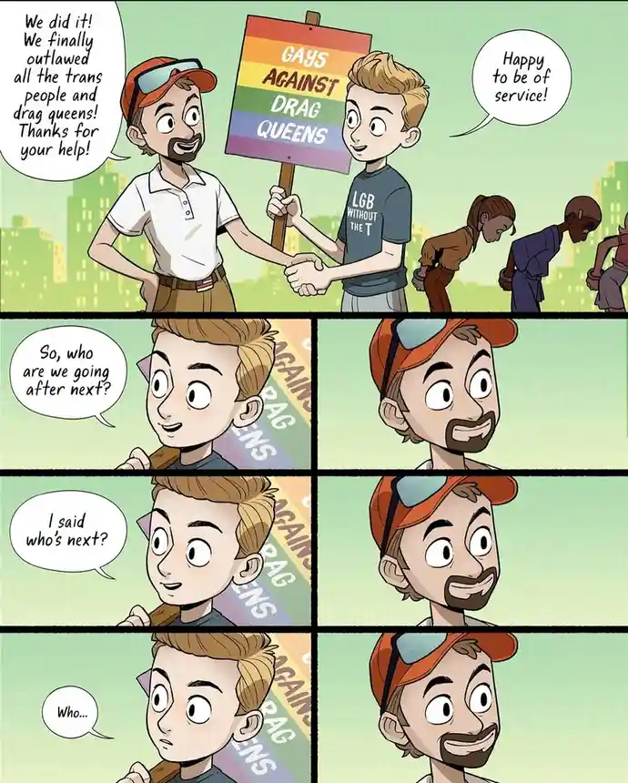 A four-panel comic strip shows two men shaking hands after a protest. One holds a rainbow flag sign reading 'GAYS AGAINST…