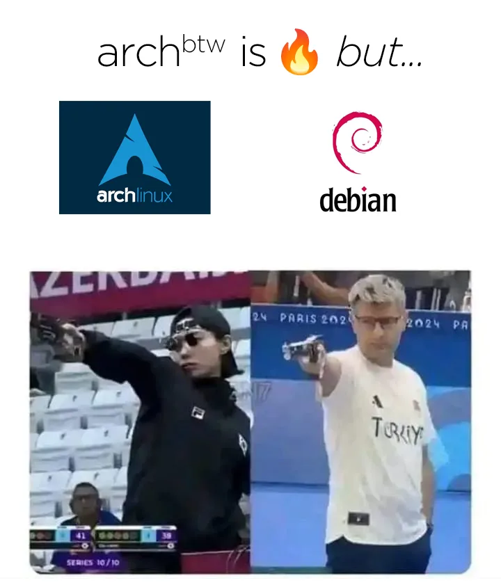The image displays two logos: Arch Linux (blue triangle logo) and Debian (pink spiral logo). Below them is a split image of…