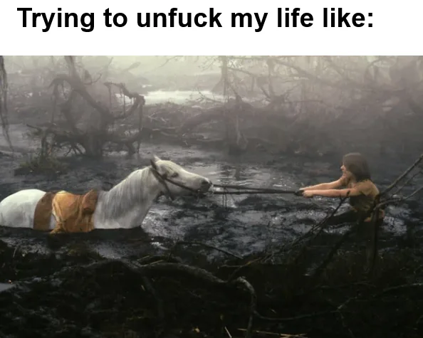 A person is waist-deep in murky water, pulling a white horse that is also partially submerged in the same swampy…