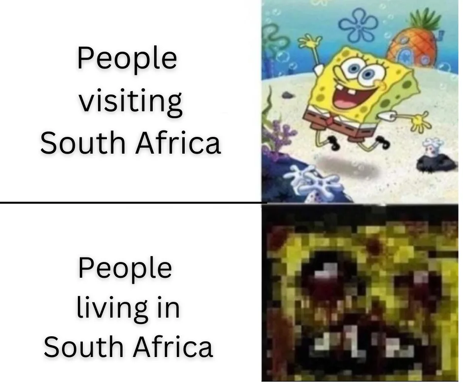 The image is a two-panel meme. The top panel shows SpongeBob SquarePants smiling cheerfully in his underwater home. The…