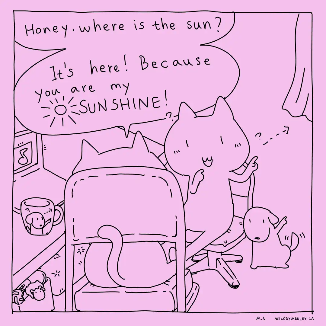 A cartoon cat asks its partner, who is sitting in a chair with their back to the viewer, where the sun is. The partner…