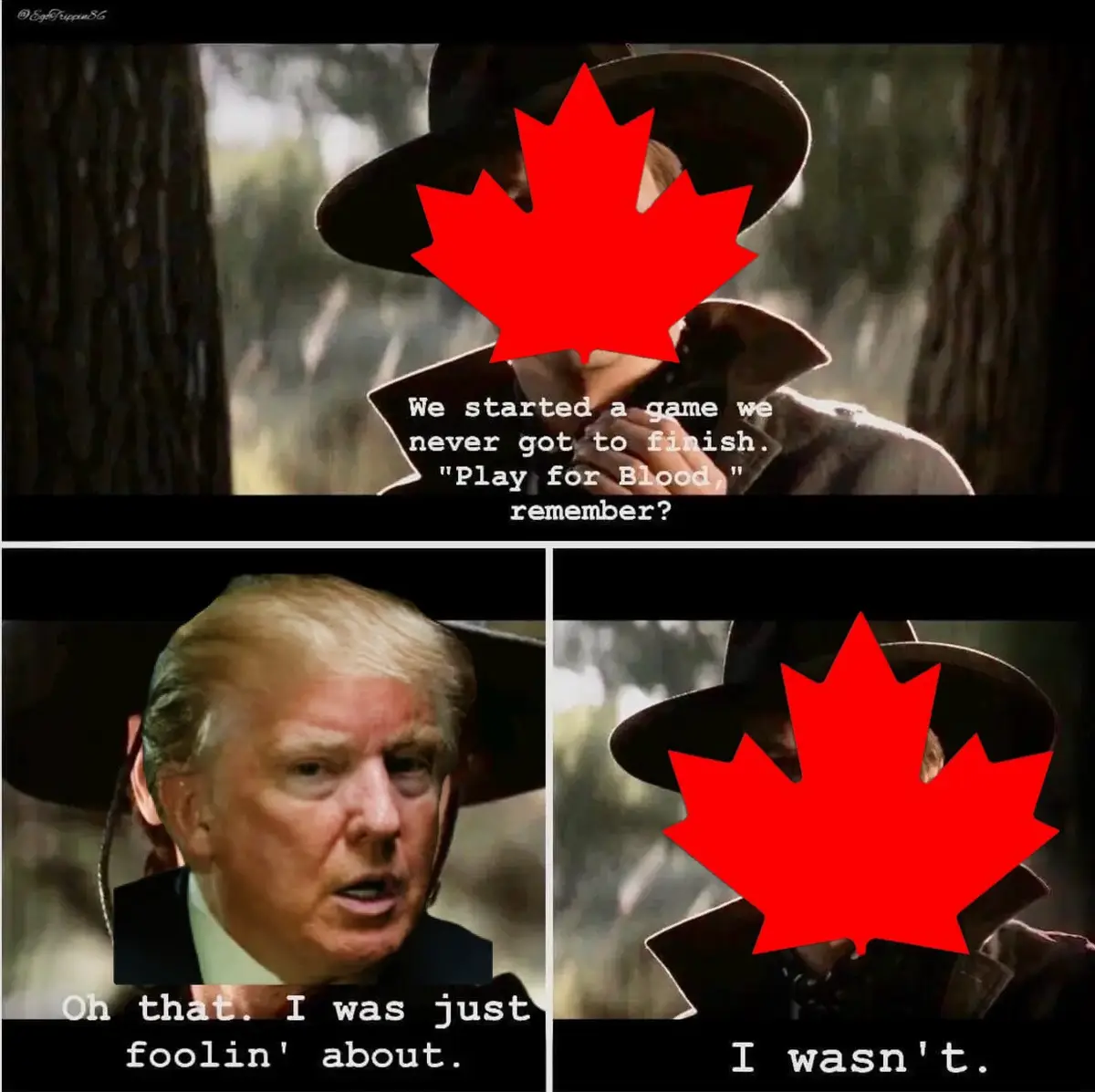 A three-panel meme featuring a character with a red maple leaf obscuring their face, asking if the other remembers a game…