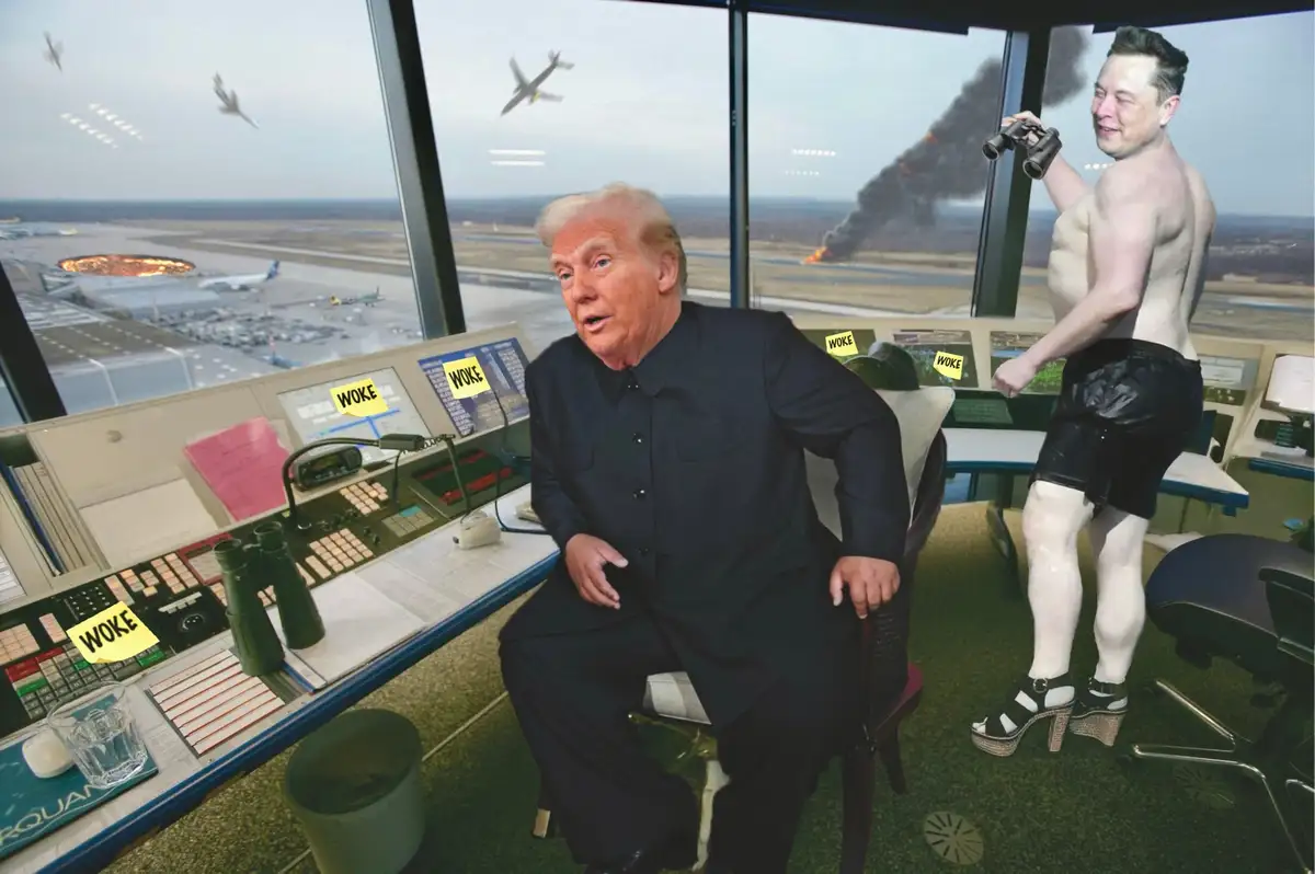 In an airport control tower, Donald Trump sits in shock as Elon Musk, shirtless and wearing black shorts and platform heels…