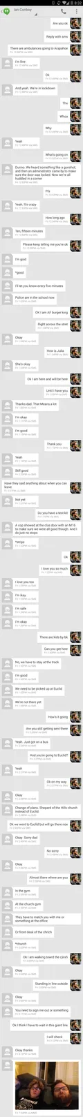A screenshot of a text message conversation between a father and son during a school lockdown, showing the son reporting a…