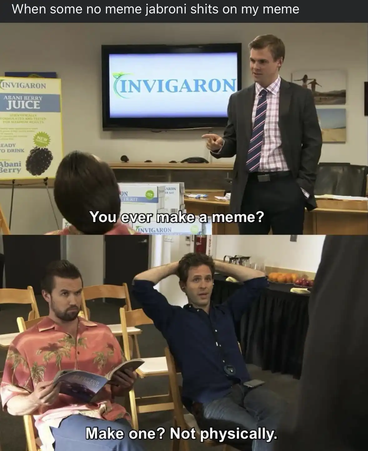 The top panel shows a man in a suit presenting to an audience in a conference room, with a screen behind him displaying…
