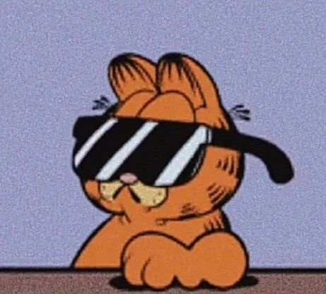 An orange cartoon cat, Garfield, sits with his paws together, wearing oversized black sunglasses with white stripes. The…