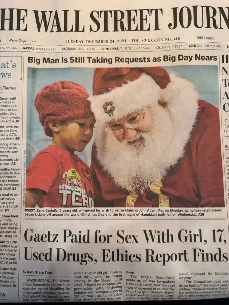 A meme image shows a newspaper front page from The Wall Street Journal dated December 24, 2024. The main photo features…