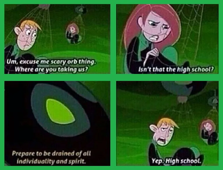 A four-panel comic strip from the animated series 'The Spectacular Spider-Man' shows two characters in a scary, green-lit…