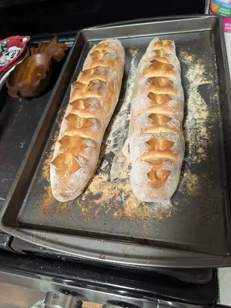 Two freshly baked, golden-brown baguettes sit side-by-side on a metal baking sheet dusted with flour, resting on a stovetop…