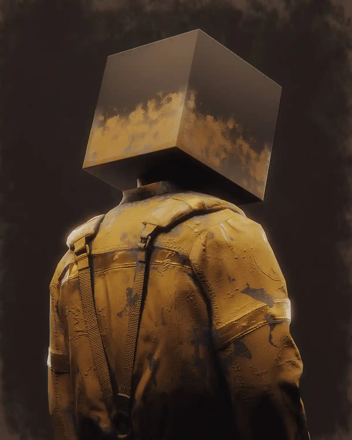 A person viewed from behind wears a heavily worn, yellowish jacket with straps and has a large, rusty, metallic cube for a…