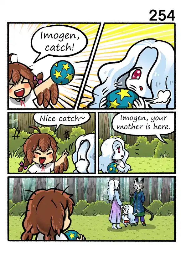 A four-panel comic strip shows a brown-haired girl throwing a star-patterned ball to a white-furred rabbit-like child named…