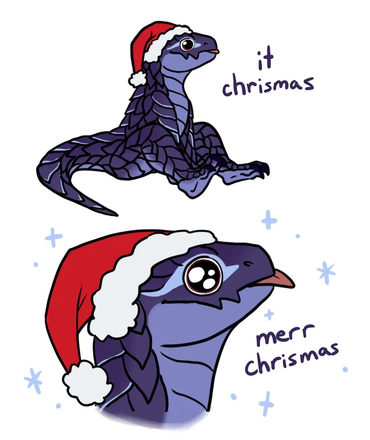 A cartoon purple reptilian creature wearing a red and white Santa hat appears in two panels. In the top panel, it looks…