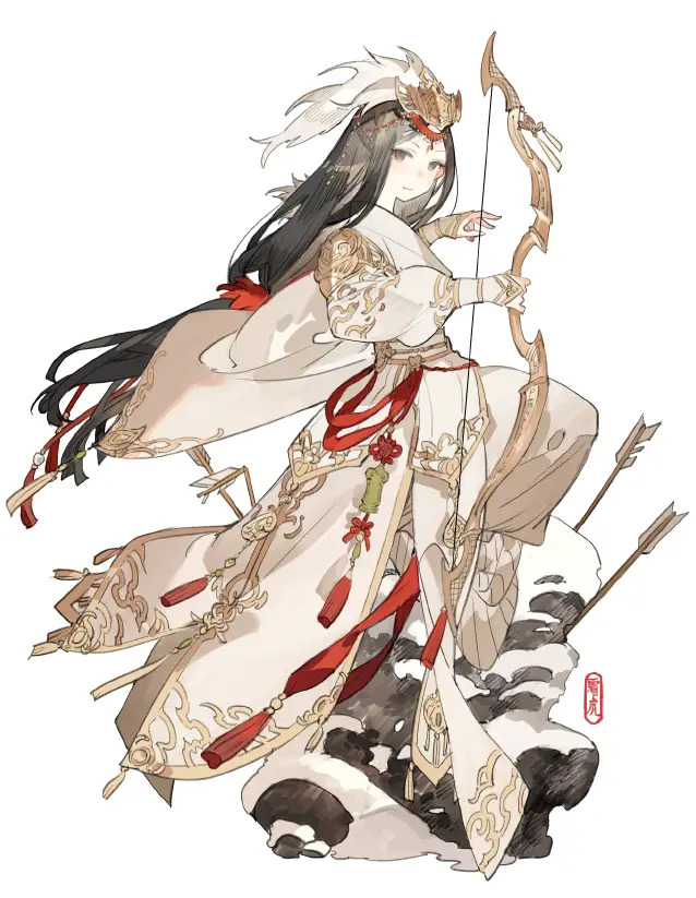 An anime-style illustration of a female archer in ornate white and red traditional attire, holding a bow and arrow while…