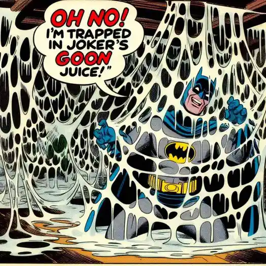 Batman is depicted in a vintage comic book style, encased in a thick, white, viscous substance with black spots that…