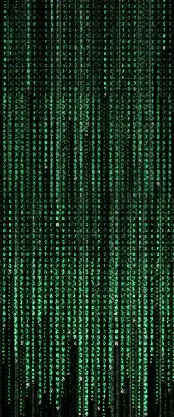 The image displays a green-on-black digital rain effect, reminiscent of 'The Matrix,' with vertical streams of text. The…