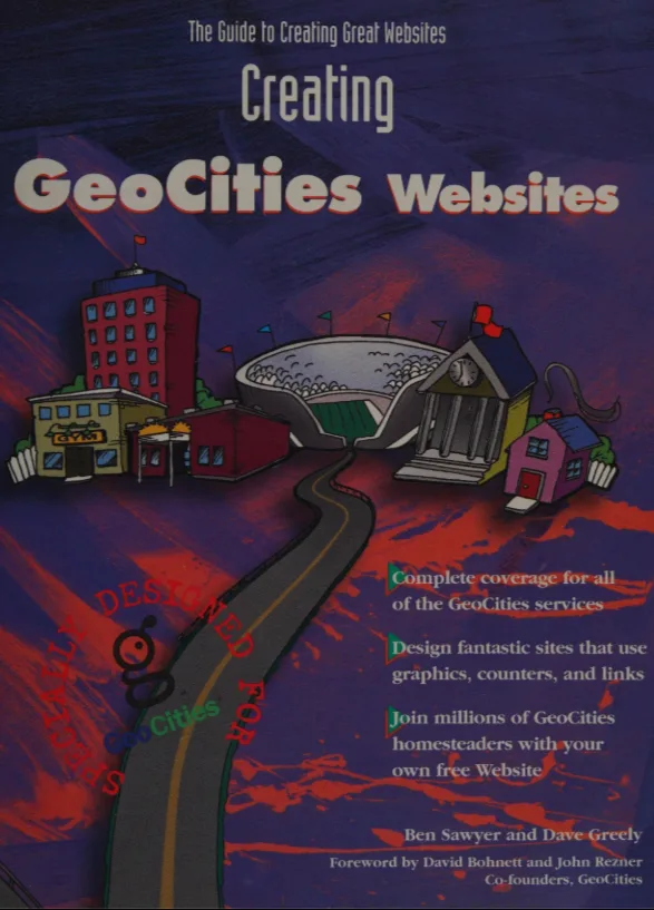 The image shows the cover of a book titled 'Creating GeoCities Websites,' featuring a cartoonish illustration of a winding…