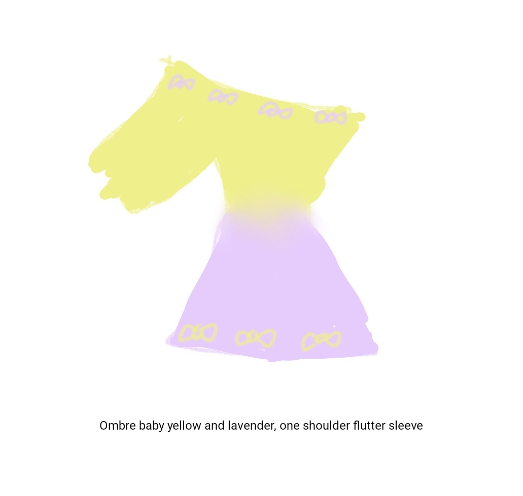 A simple digital drawing of a dress with an ombre effect transitioning from baby yellow at the top to lavender at the…