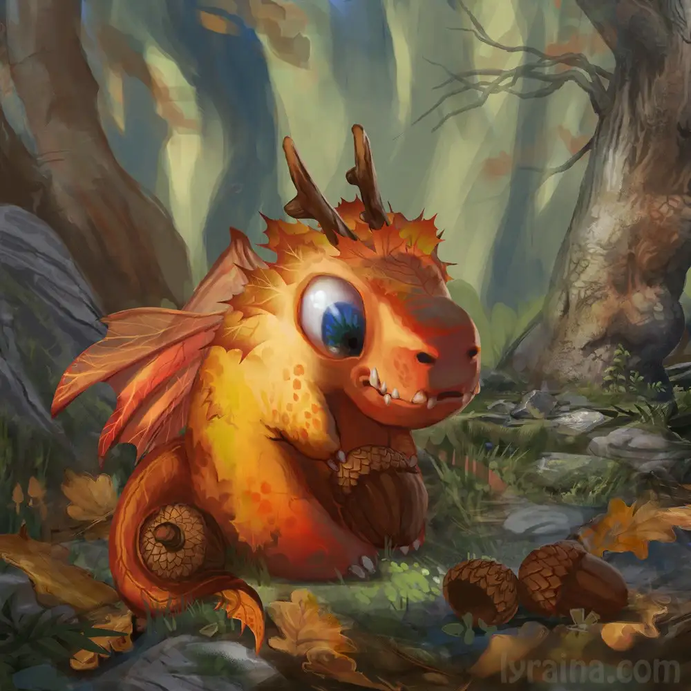 A cute, small orange dragon with leaf-like scales, antlers, and wings sits in a forest, holding an acorn. Its large blue eye…