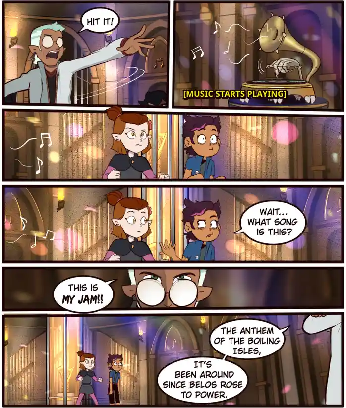 A comic strip from 'The Owl House' shows a character yelling 'HIT IT!' as a gramophone plays music. Two other characters…
