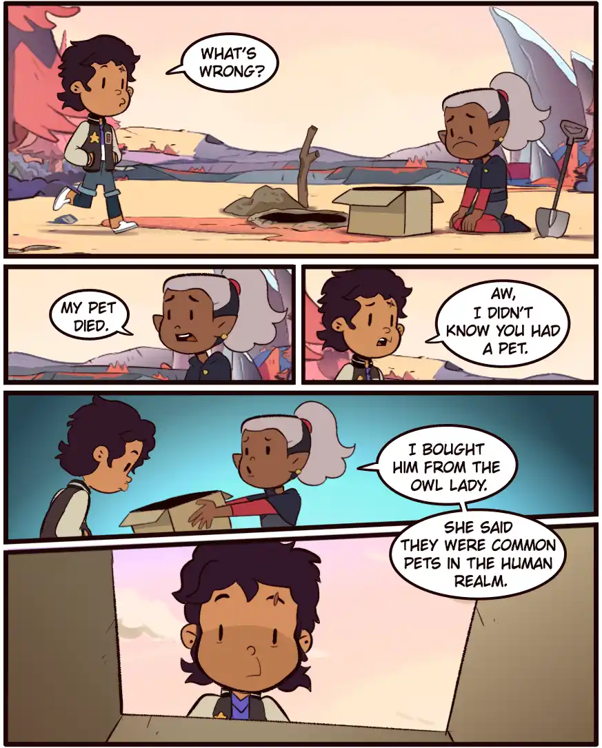 A four-panel comic strip from 'The Owl House' shows a character asking another what's wrong, learning their pet died, and…