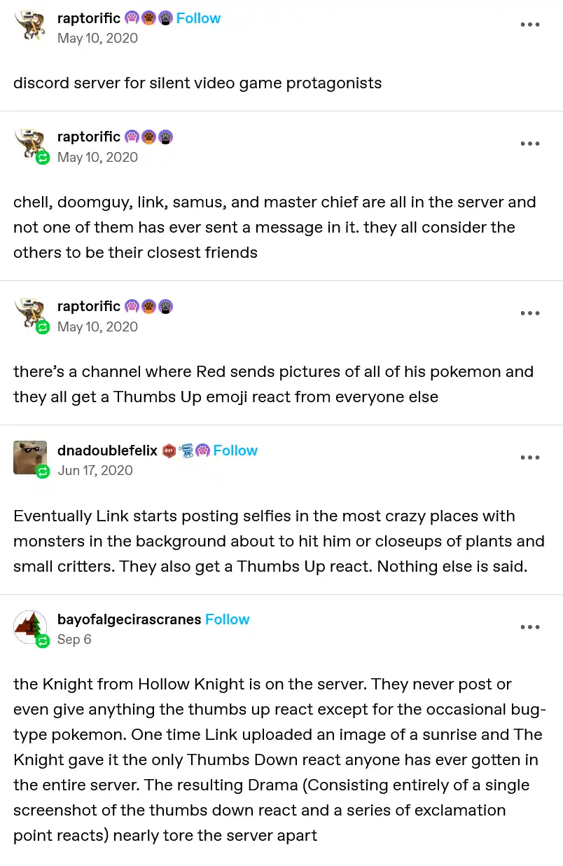 A screenshot of a Discord server discussion where users describe a fictional server for silent video game protagonists. The…