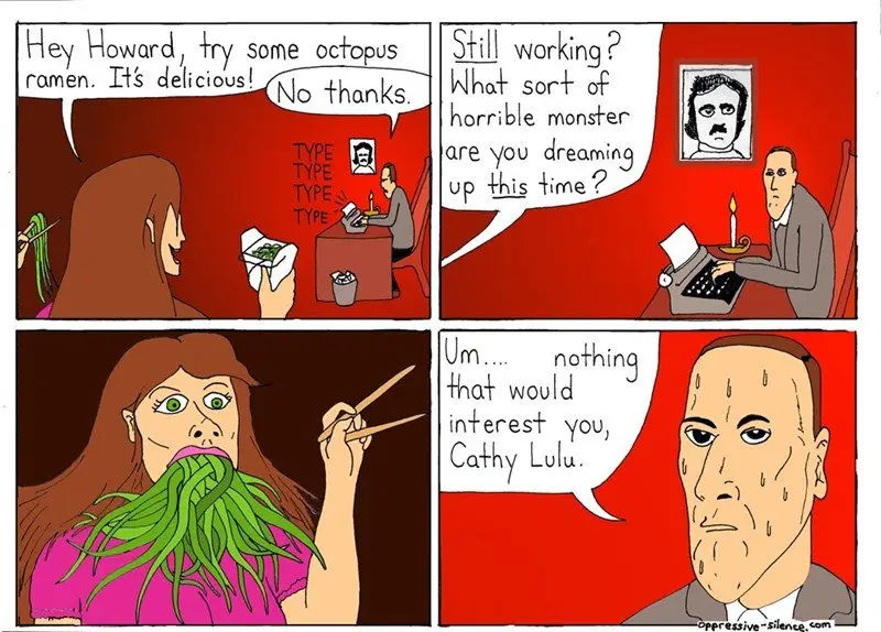 A four-panel comic strip shows a woman offering octopus ramen to a man named Howard, who declines. She then asks what he's…