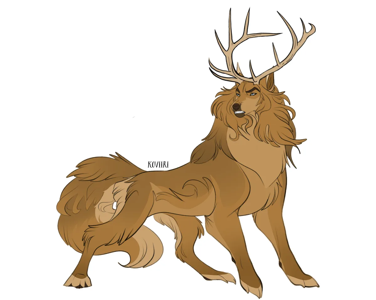 A cartoon illustration of a majestic, anthropomorphic deer with large antlers and a lion-like mane, standing in a confident…