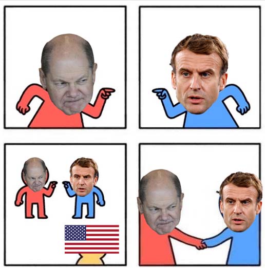 A four-panel meme template showing two cartoon figures with the heads of German Chancellor Olaf Scholz (red) and French…