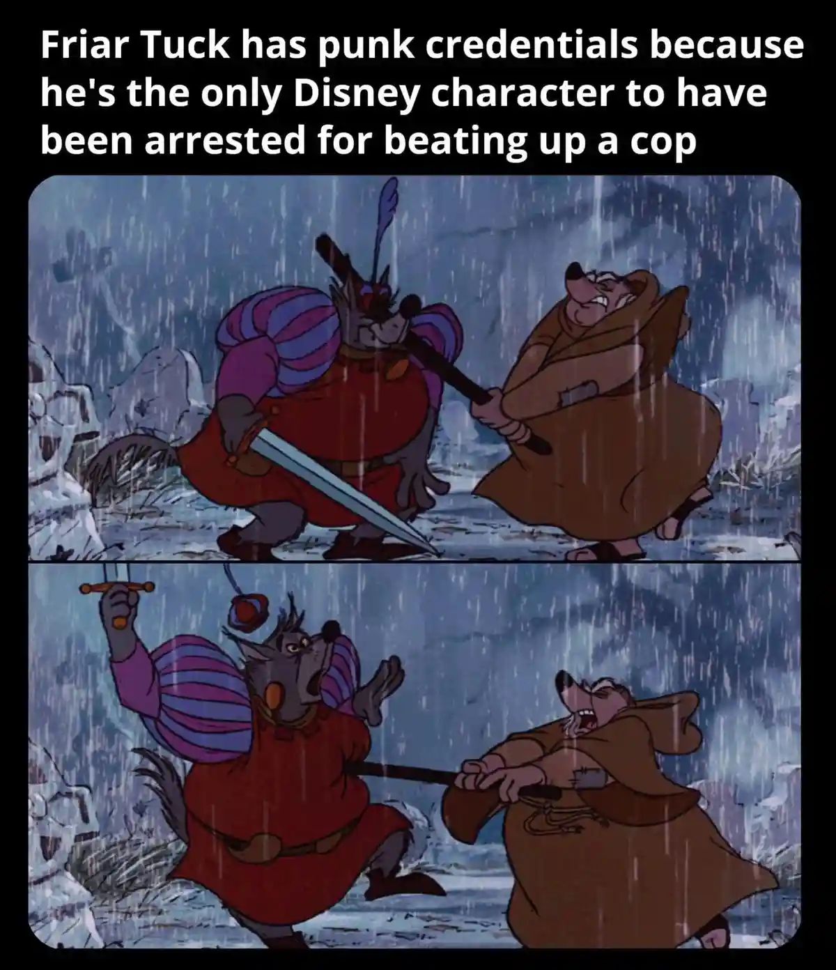 The image shows two panels from Disney's 'Robin Hood' featuring Friar Tuck in a brown robe fighting a wolf-like character in…