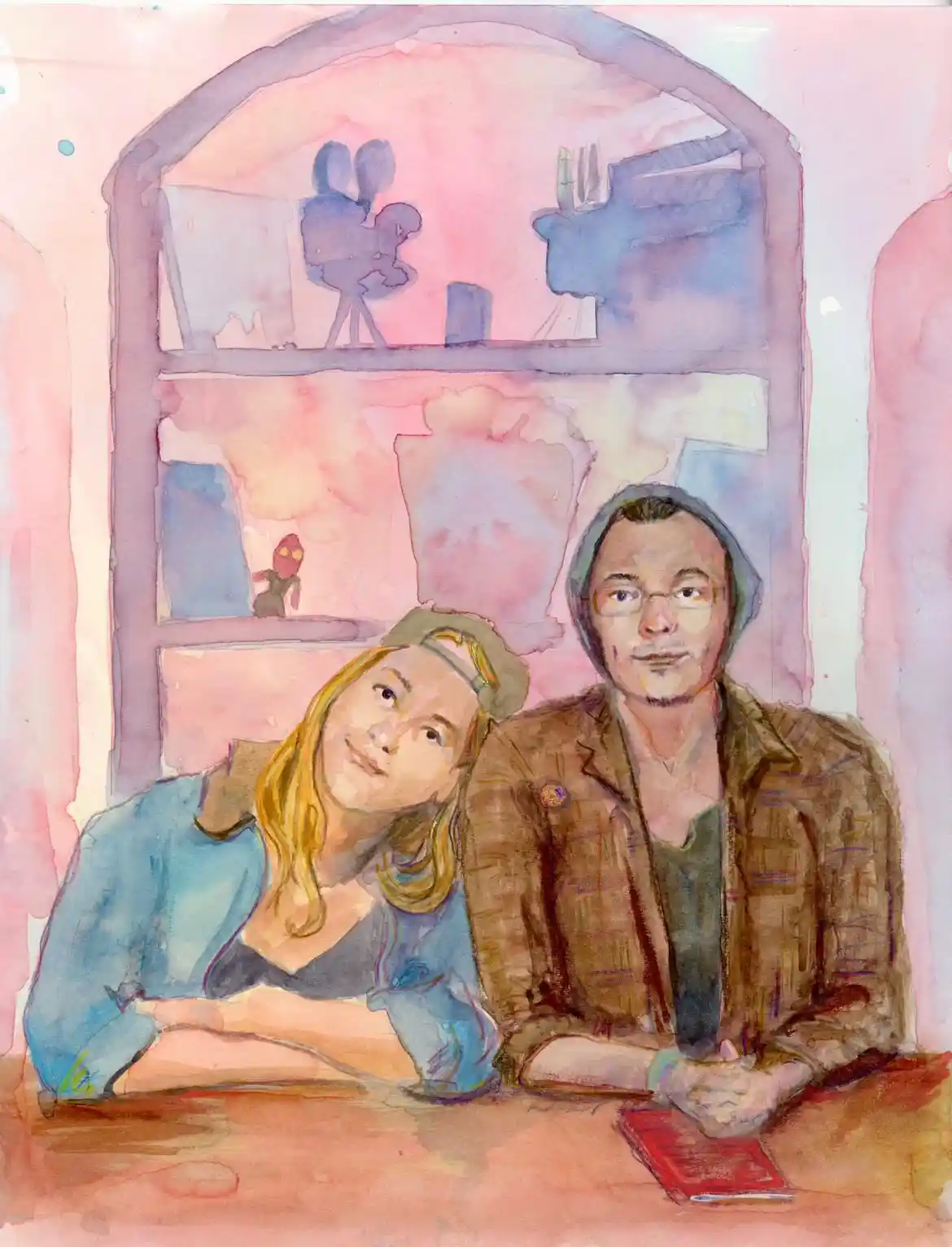 A watercolor painting shows two people sitting at a table, looking at each other with neutral or slightly uncomfortable…