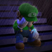 A pixelated Luigi from a Nintendo game sits alone on steps in the rain, looking downcast with his hands covering his face…