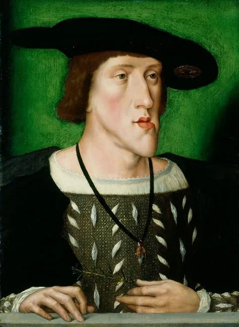 A classical portrait of a man in a black hat and dark patterned doublet against a green background, with overlaid text…