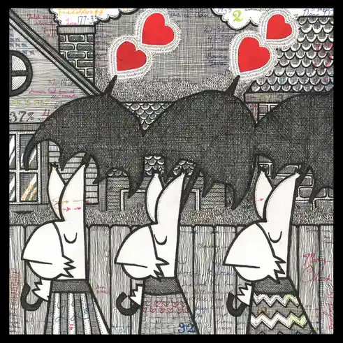 The image shows three cartoonish, white, bat-like creatures with closed eyes and small wings, standing side-by-side behind a…