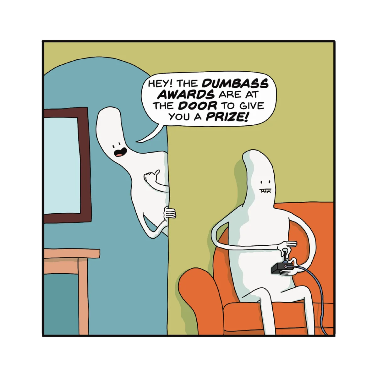 Two white, ghost-like cartoon characters are in a room. One is peeking around a corner and shouting into a speech bubble…