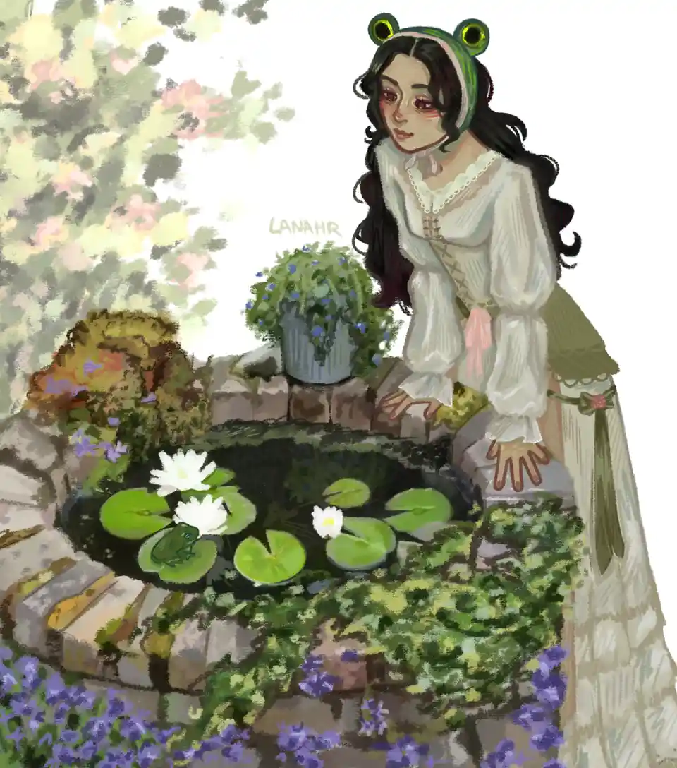 A woman in a white dress and a green frog-ear headband leans over a pond with lily pads and a small frog. The overlaid text…