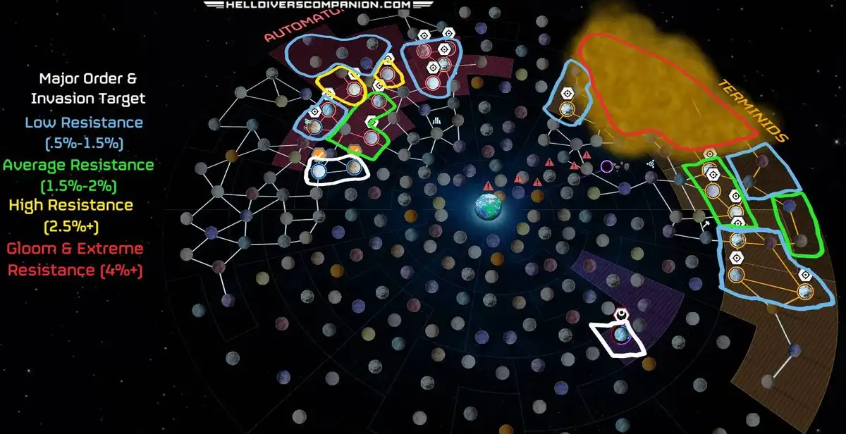 A strategic map from the game Helldivers shows a star system with planets connected by lines, color-coded zones for…