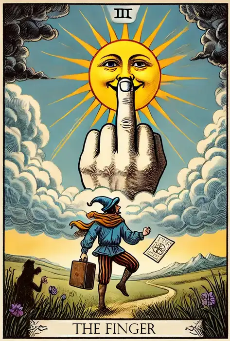 A person in a blue outfit and hat walks down a path carrying a suitcase and a small book, looking up at a giant hand with a…