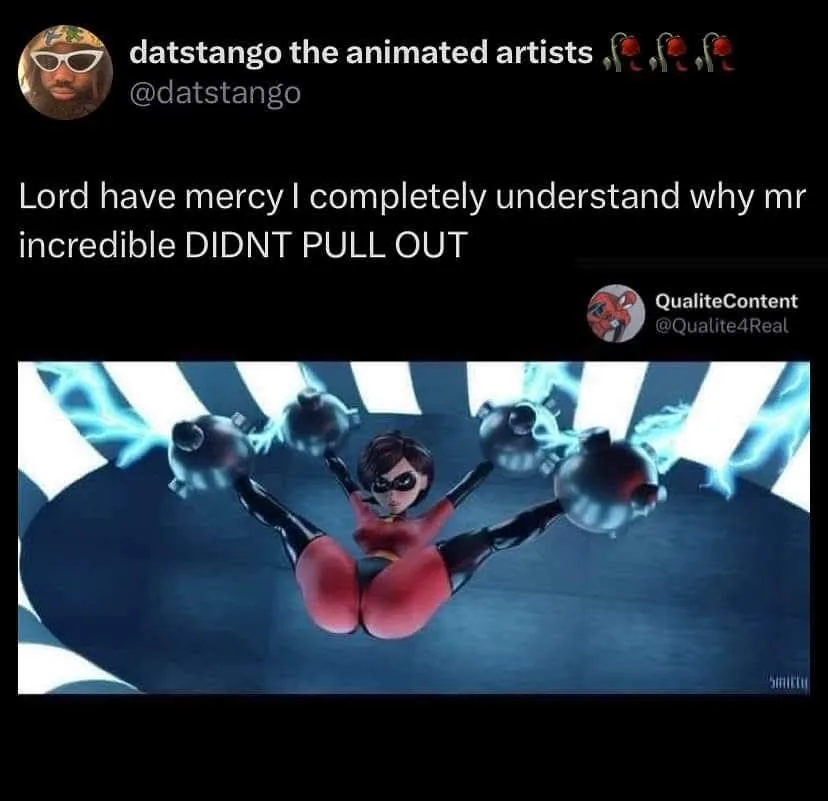 An animated image shows the character Elastigirl from 'The Incredibles' stretched out horizontally with her arms and legs…