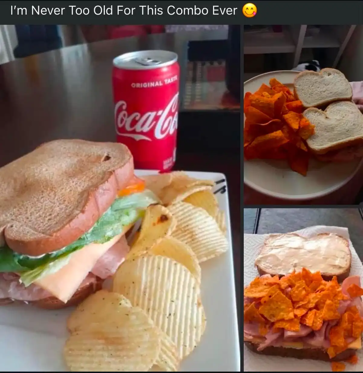 A collage of three images showing a classic sandwich with chips and a Coca-Cola can, alongside two variations: one with…
