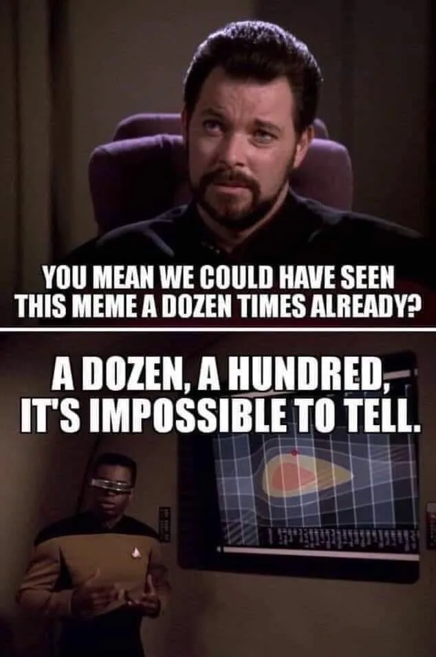 The image is a two-panel meme featuring characters from Star Trek. The top panel shows a man with a beard and dark hair…