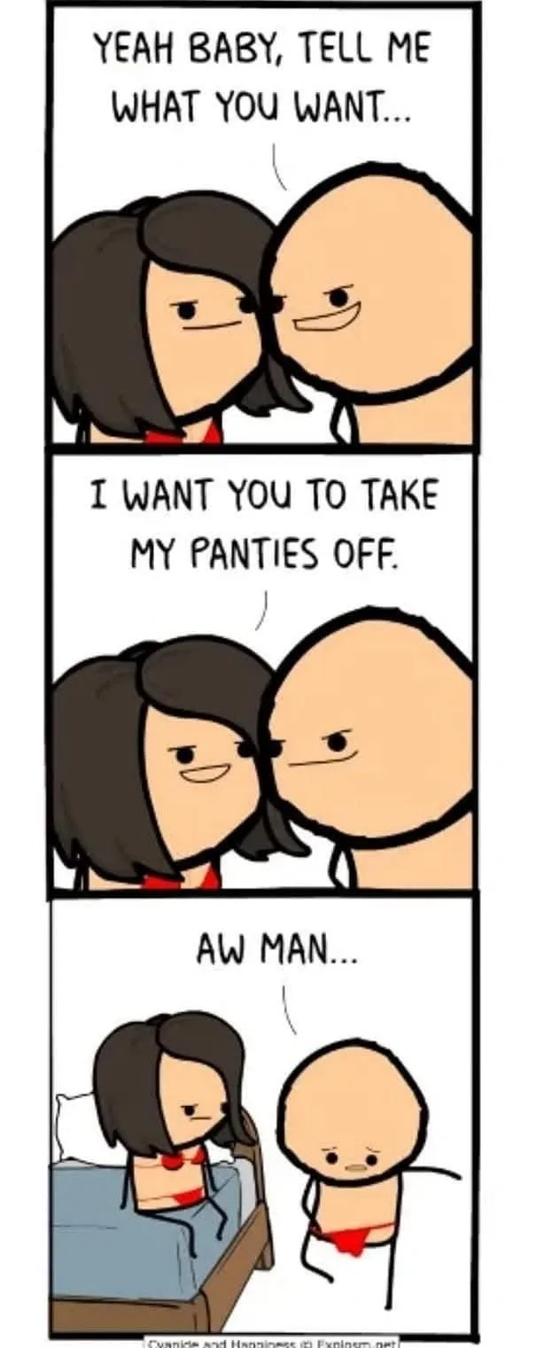 A three-panel comic strip featuring two cartoon characters in a bedroom. In the first panel, a man with a bald head and a…