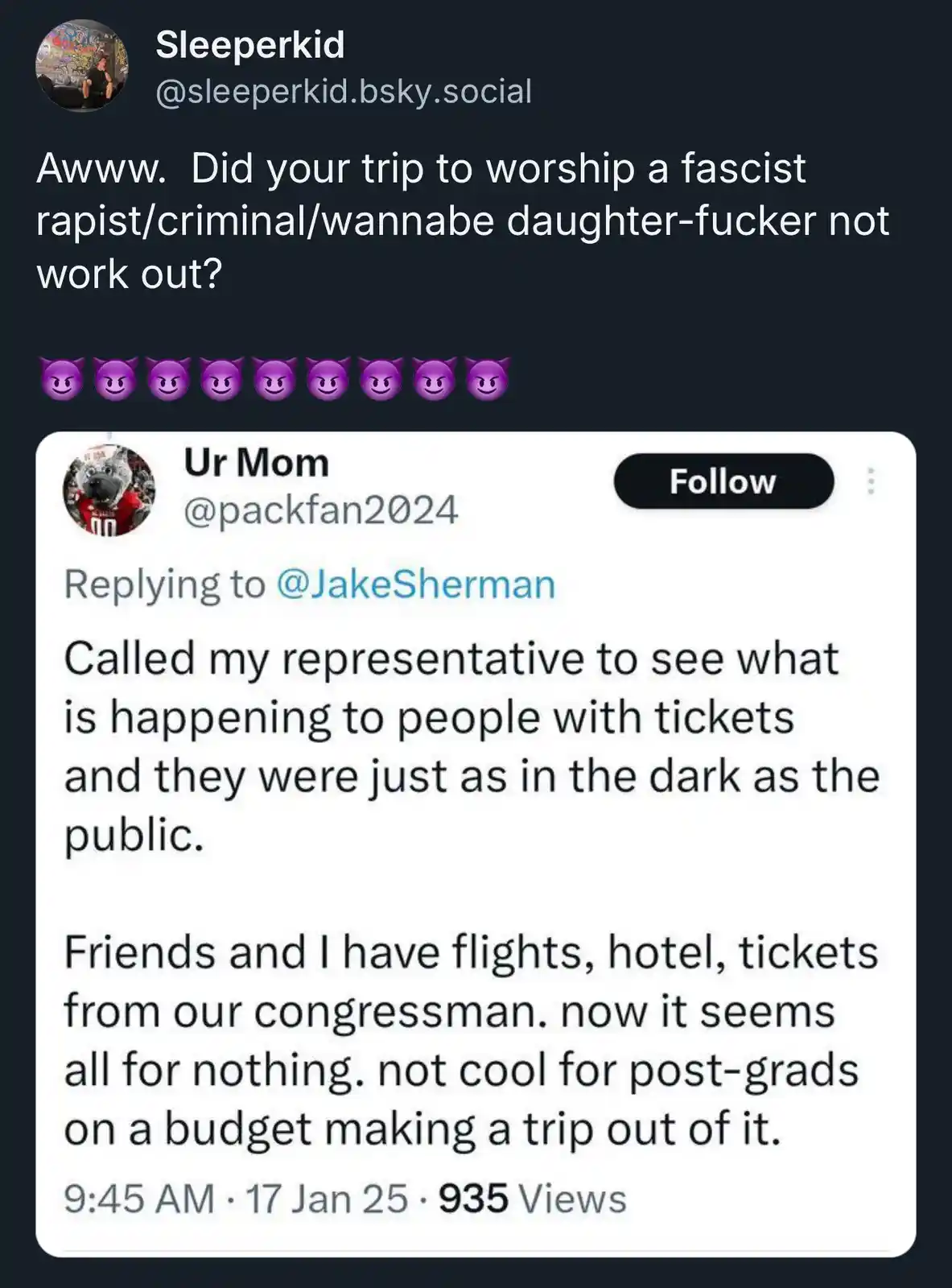 A screenshot of a social media post where a user named 'Ur Mom' laments that her and her friends' trip to see their…