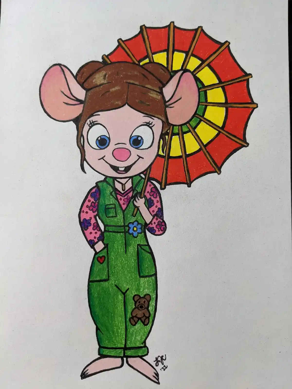 A hand-drawn cartoon mouse with brown hair in a bun, large blue eyes, and pink ears, wearing green overalls over a pink…
