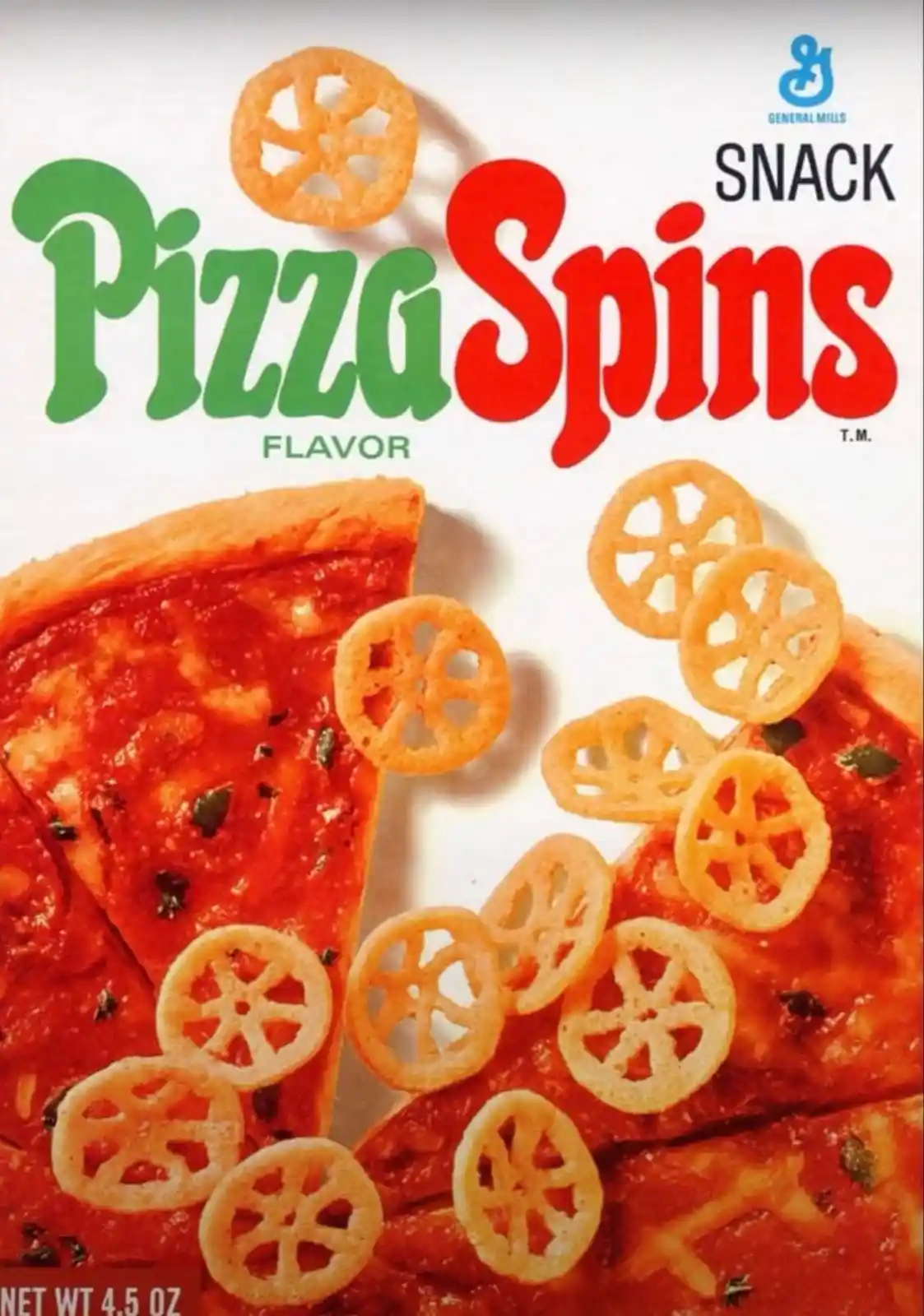 The image shows a vintage General Mills cereal box for 'Pizza Spins' snack, featuring a large slice of pizza with tomato…