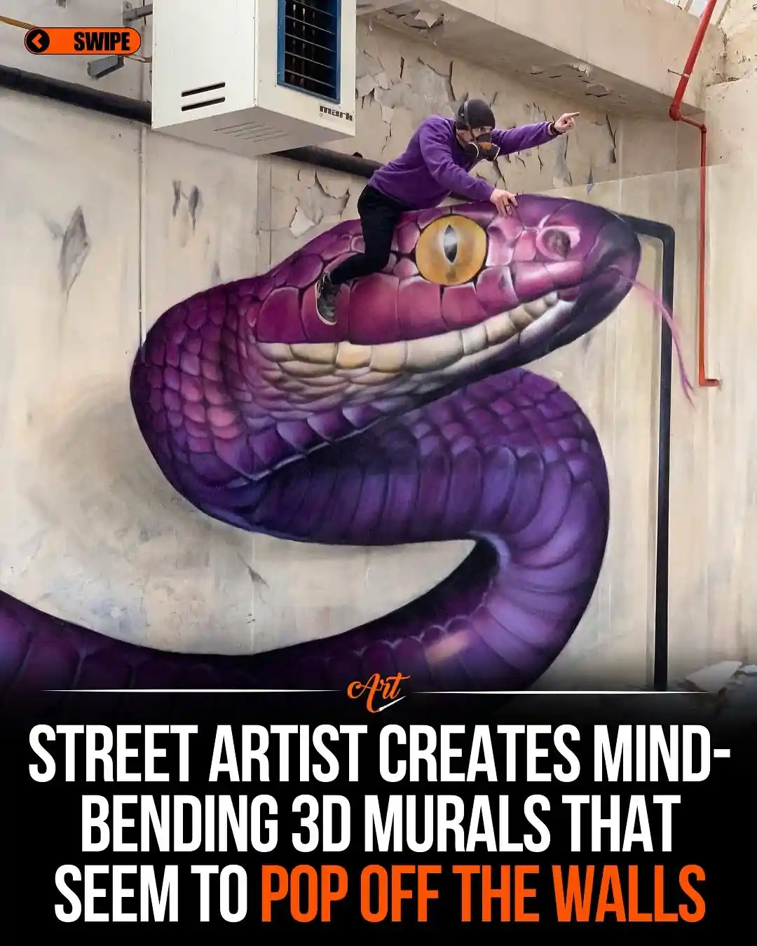 A street artist in a purple hoodie and respirator stands on a giant, hyper-realistic purple snake mural painted on a…