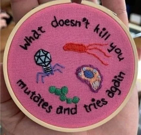 A hand holds a pink embroidery hoop with stitched images of a spider, a red worm-like creature, a brain, and green bacteria…