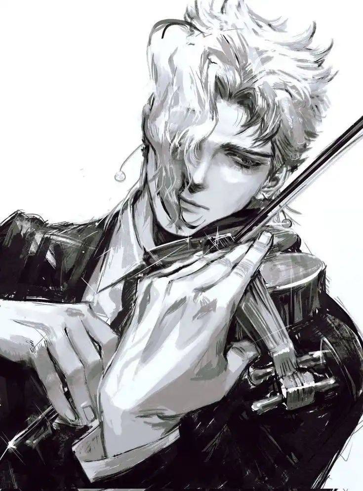 A black-and-white anime-style illustration of a young man with spiky white hair playing a violin, his eyes closed and…